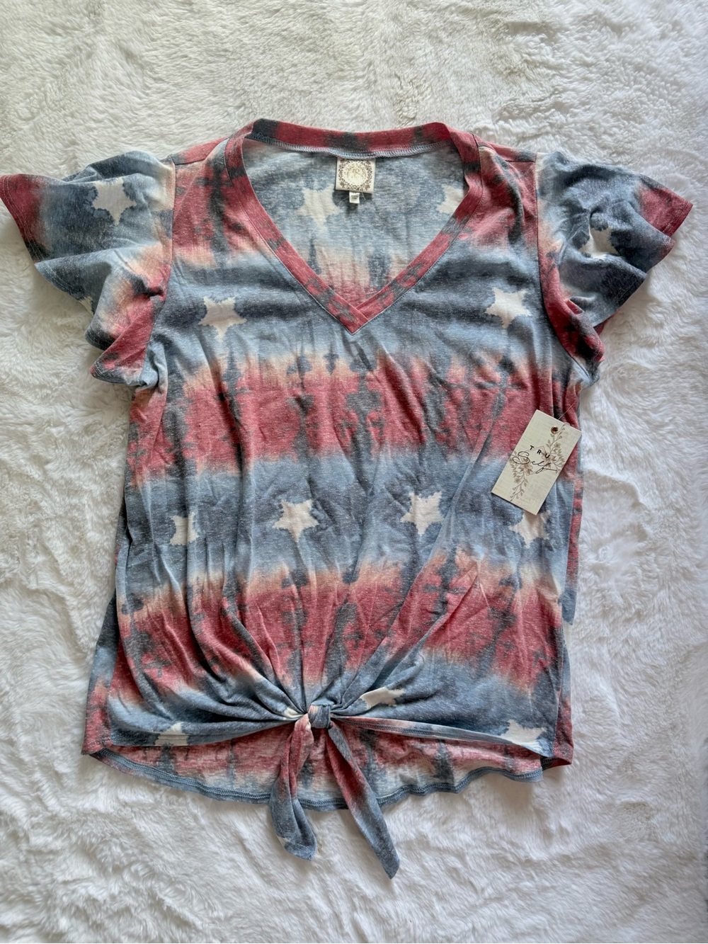 NWT Tie-Front V-Neck Tie Dye Star Print Top - Red & Blue